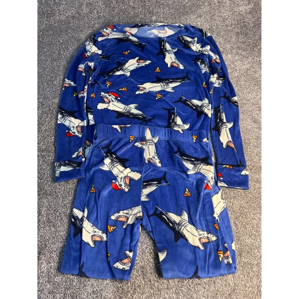 Cat &Jack Kids Blue Shark Santa Pizza Fleece Pajama Set Size14 Holiday Sleepwear